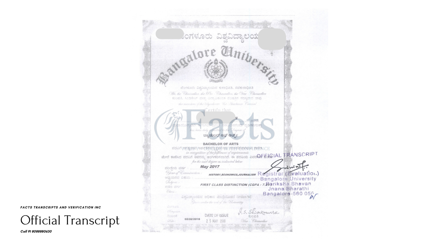 Attested photocopy of a Bangalore University degree certificate stamped OFFICIAL TRANSCRIPT by the Registrar (Evaluation)