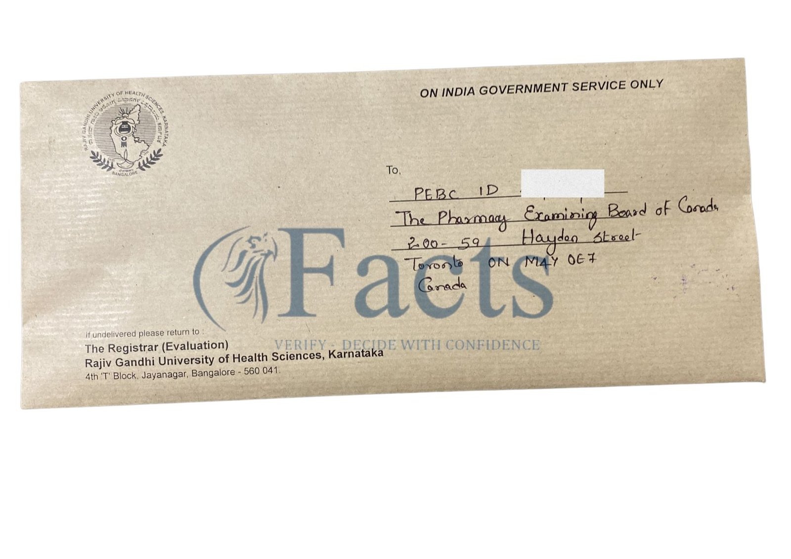 Sealed RGUHS transcript envelope addressed to the Pharmacy Examining Board of Canada by the Registrar (Evaluation)