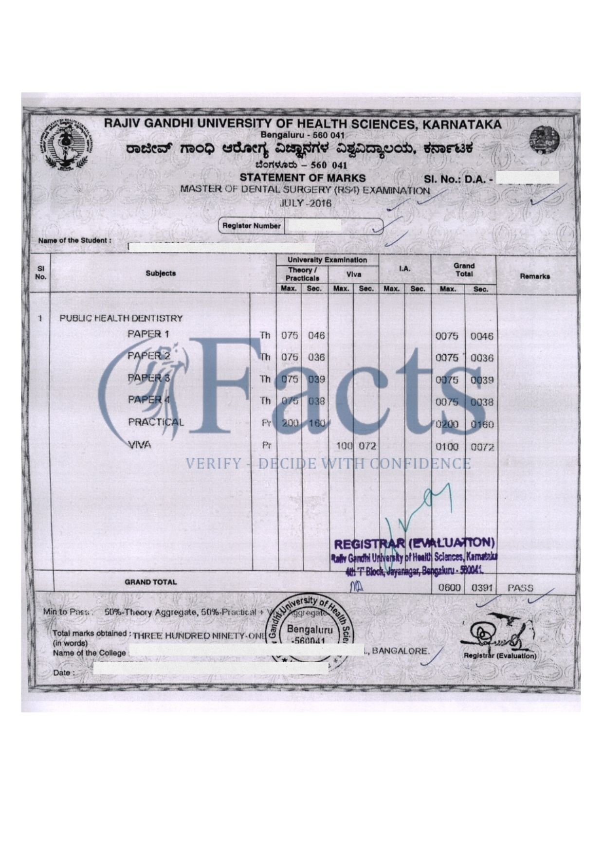 Attested RGUHS statement of marks stamped by the Registrar (Evaluation)