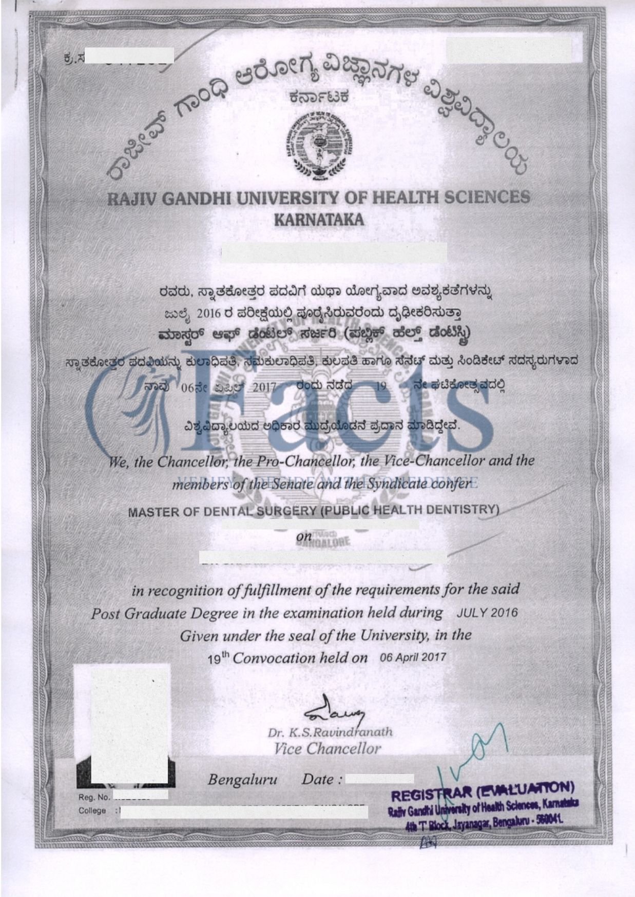 Attested RGUHS degree certificate stamped by the Registrar (Evaluation)